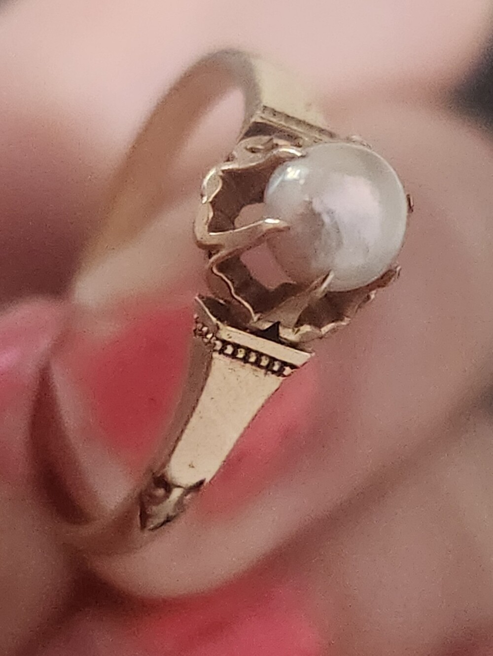 Antique 14k ylw gold Edwardian 6-prong buttercup setting natural pearl ring - Picture 11 of 16